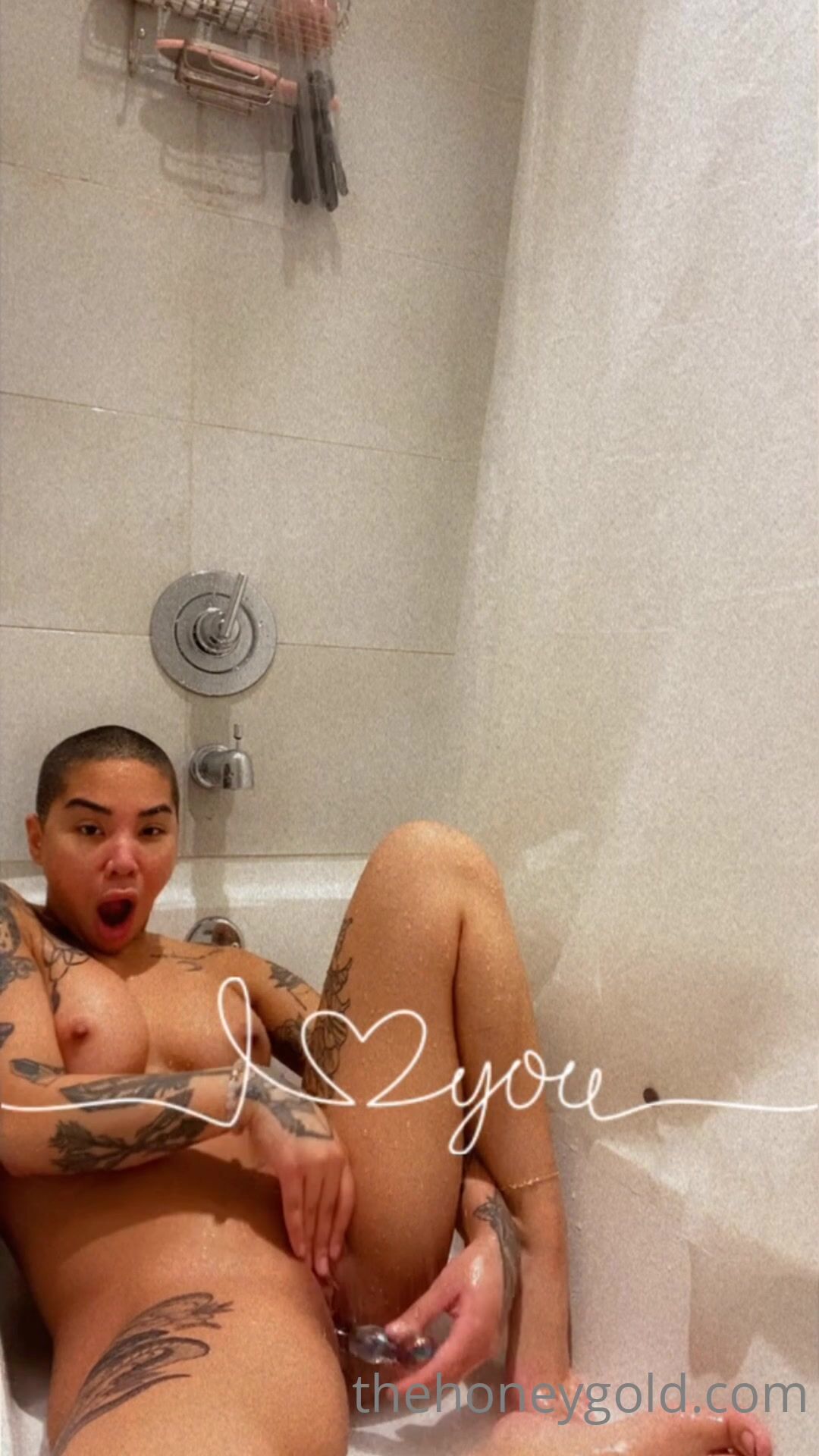 Honey Gold Tatted Blasian Feet Solo In Shower OF 3 Min