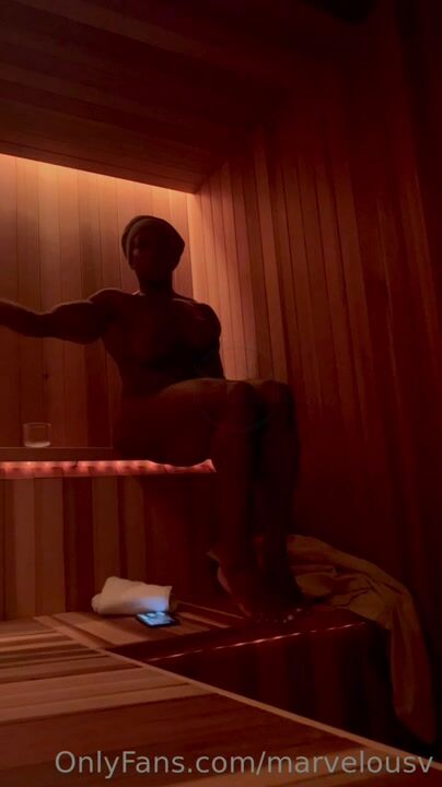 Female Bodybuilder Margie Martin Plays with Big Clit in Sauna