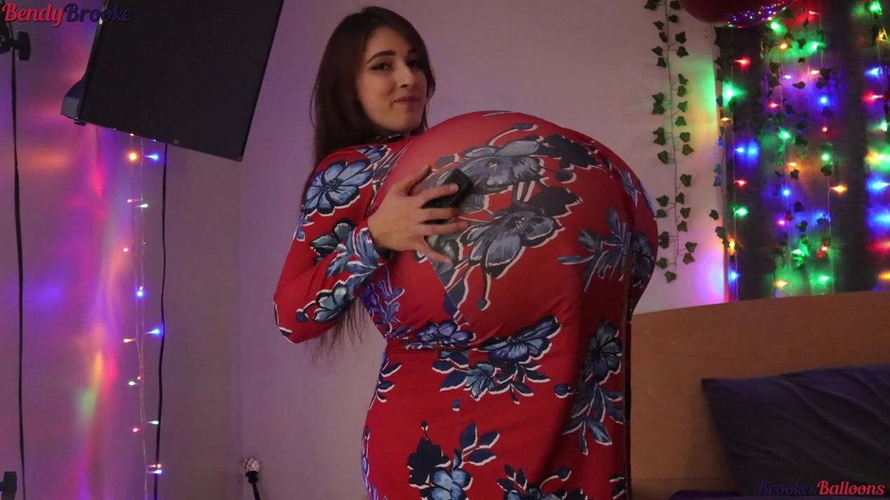 Bendybrooke Inflating My Huge Balloon Boobs in Red and Blue Floral Button Down Dress