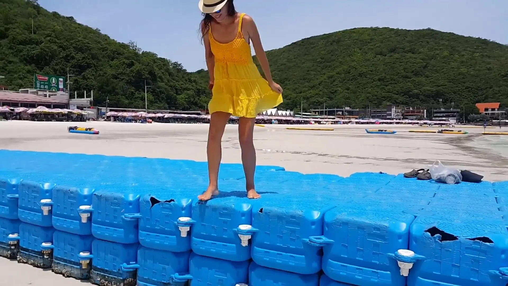 My_wife_sexydreams up yellow dress no panties in public # bull plug flash  at the beach video