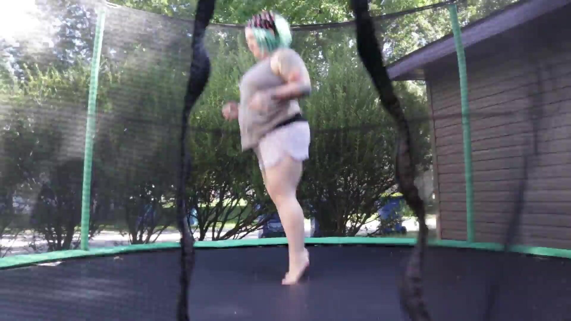 Buttercup fat girl jumps and strips on trampoline xxx video